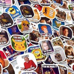 May include: A collection of colorful meme stickers with various images and text. The stickers feature popular internet memes with phrases like "You're Awesome," "Good Job," and "Yeah We Made It." The stickers are a fun and humorous item.