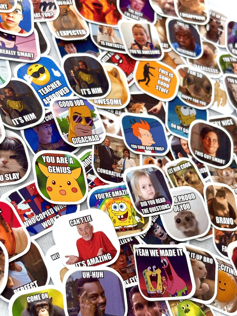 May include: A collection of colorful meme stickers with various images and text. The stickers feature popular internet memes with phrases like "You're Awesome," "Good Job," and "Yeah We Made It." The stickers are a fun and humorous item.