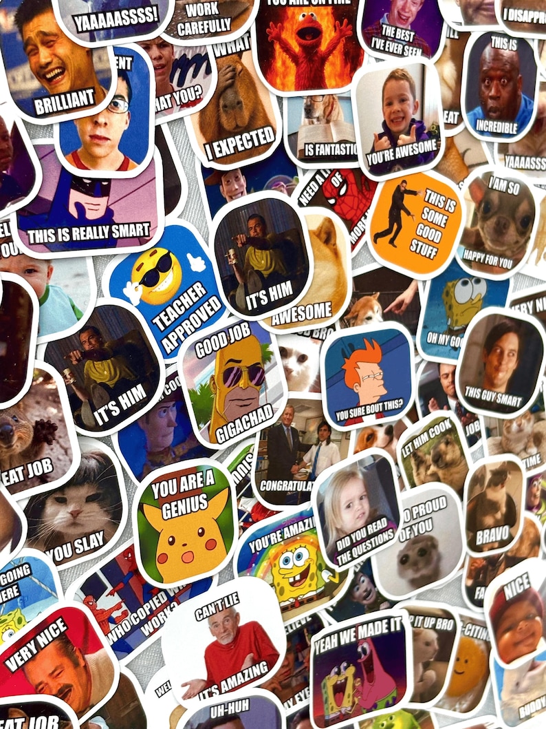 May include: A collection of colorful meme stickers with various images and text. The stickers feature popular internet memes with phrases like "You're Awesome," "This is Some Good Stuff," and "It's Him."
