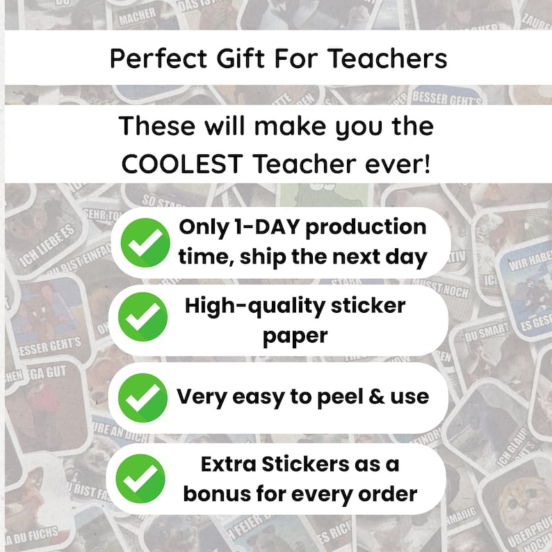 Op de afbeelding: Afbeelding die stickers promoot als cadeau voor leraren. Tekst bevat "Perfect Gift For Teachers" en "These will make you the COOLEST Teacher ever!" Kenmerken zijn onder meer 1-daagse productie, hoogwaardig papier, gemakkelijk te pellen en extra stickers.