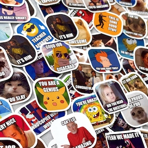 May include: A collection of colorful, die-cut stickers featuring various internet memes and humorous images. The stickers include text like "You're Awesome," "Good Job," and "It's Amazing." The stickers are of various shapes and sizes.