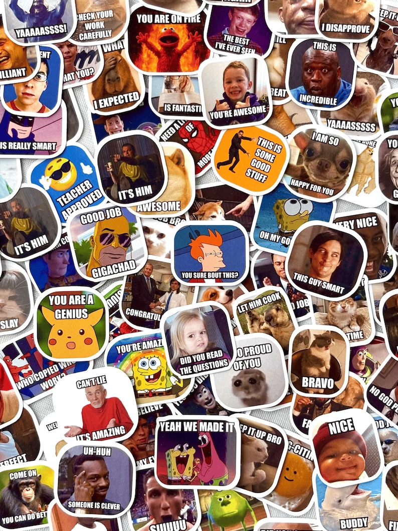 May include: A collection of colorful, die-cut stickers featuring various memes and internet humor. The stickers showcase images of cartoon characters, celebrities, and animals, with text overlays like "You're Awesome" and "This is Some Good Stuff."