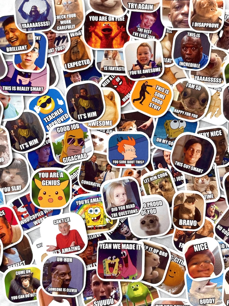 May include: A collection of various meme stickers with images of people, animals, and cartoon characters. Each sticker has a different phrase or quote, such as "You're Awesome," "This is Some Good Stuff," and "Try Again."