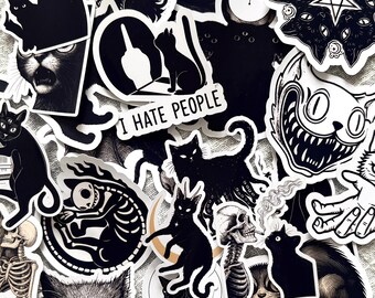 Dark Theme Cat Stickers | Gothic Tattoo Graffiti Style, Waterproof Vinyl