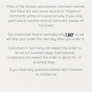 Op de afbeelding: Tekst op een cr&egrave;mekleurige achtergrond. De tekst beschrijft stickers met positieve commentaar memes, neutrale of negatieve commentaren die op een positieve manier zijn geschreven. De productietijd is 1 dag, verzending de volgende dag. Neem contact met ons op met vragen.