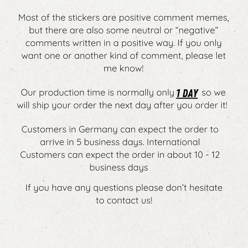 Op de afbeelding: Tekst op een cr&egrave;mekleurige achtergrond. De tekst beschrijft stickers met positieve commentaar memes, neutrale of negatieve commentaren die op een positieve manier zijn geschreven. De productietijd is 1 dag, verzending de volgende dag. Neem contact met ons op met vragen.