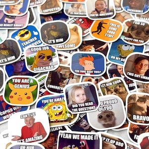 May include: A collection of colorful meme stickers featuring various images and text. The stickers showcase popular internet memes with phrases like "You're Awesome," "Did You Read The Questions," and "Yeah We Made It." The stickers are a fun and humorous item.
