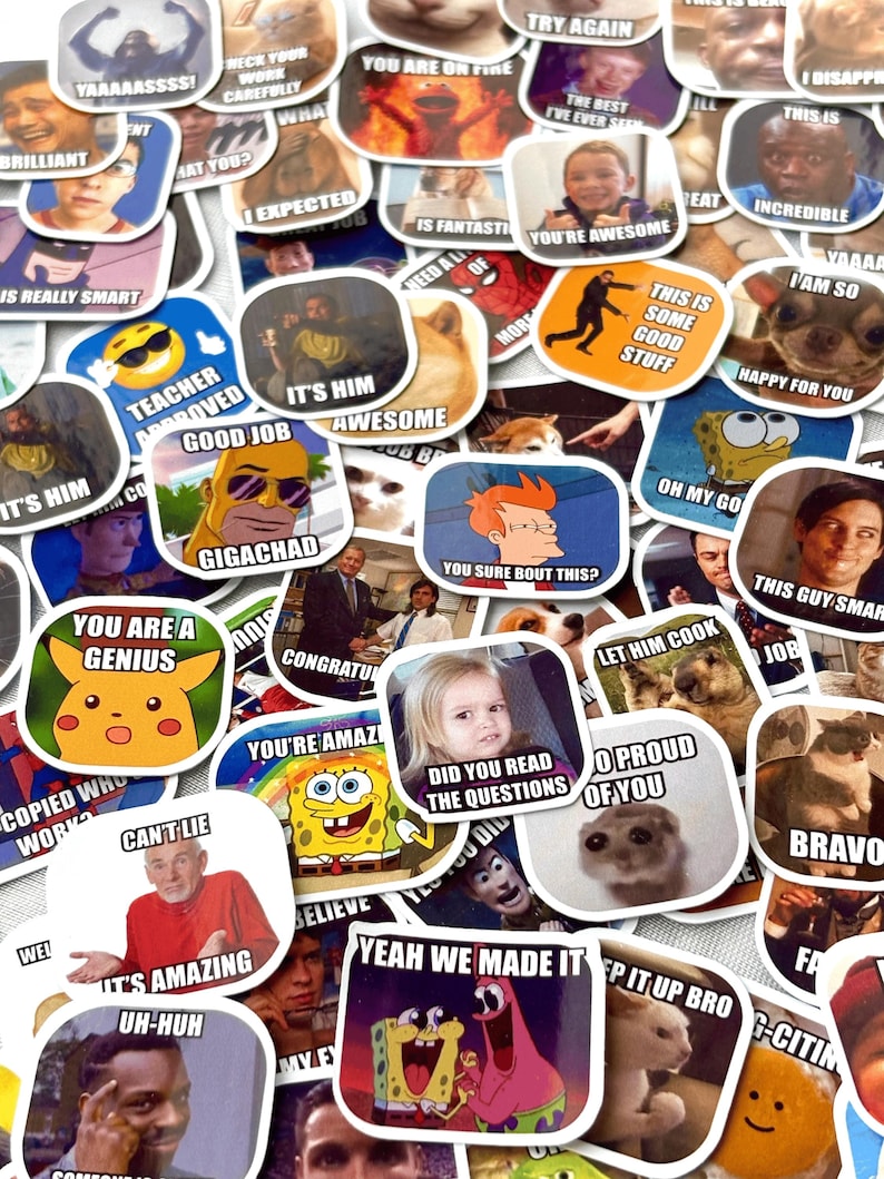 May include: A collection of colorful meme stickers featuring various images and text. The stickers showcase popular internet memes with phrases like "You're Awesome," "Did You Read The Questions," and "Yeah We Made It." The stickers are a fun and humorous item.