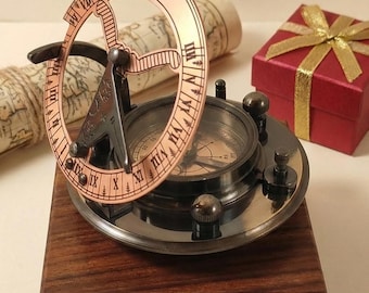 Brújula de reloj de sol personalizada Gilbert and Sons London, brújula de reloj de sol retro de latón en oro rosa con caja de madera.