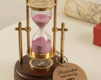 Personalized Hourglass Timer with Compass Base, Custom Engraved Sand Timer Gift for Couple Friend Grandma Grandpa Retirement or Anniversary