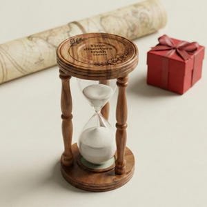 May include: A wooden hourglass with a glass centre filled with white sand. The top of the hourglass has the engraved text "Time discovers truth Seneca" surrounded by floral designs. A red gift box with a bow is in the background.