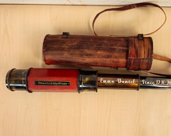 Telescopio de latón personalizado hecho a mano con estuche de cuero - Acabado marrón antiguo, estilo victoriano marino de 24 pulgadas, regalo de aniversario