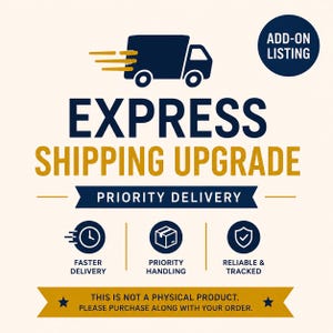 Könnte beinhalten: Grafik, die ein Express-Versand-Upgrade bewirbt. Sie zeigt einen marineblauen Lieferwagen, goldfarbenen Text mit der Aufschrift "EXPRESS SHIPPING UPGRADE" und Symbole für schnellere Lieferung, vorrangige Bearbeitung und zuverlässige Sendungsverfolgung.
