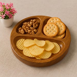 Owleaf Round Wooden Snack Plate – 3 Compartment Serving Tray | Handcrafted Eco-Friendly Wood | 20cm | Rustic Kitchen Décor Gift