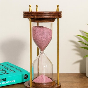 Vintage Wooden Hourglass with Pink Sand – Brass Pillar Sand Timer, Best Hourglass For Husband, Desk Décor, Antique Gift for Home Office