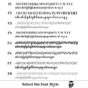 May include: A white background displays eight font styles labeled F1 through F8, each showing uppercase and lowercase alphabets. Below, the text "Select the Font Style" appears, accompanied by an owl graphic, offering a variety of typography options.