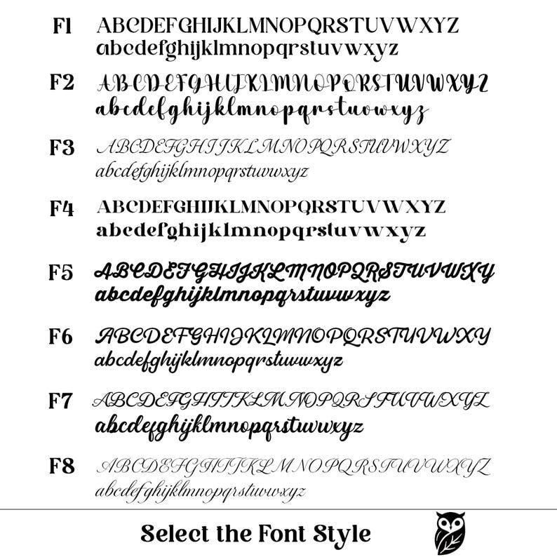 May include: A white background displays eight font styles labeled F1 through F8, each showing uppercase and lowercase alphabets. Below, the text "Select the Font Style" appears, accompanied by an owl graphic, offering a variety of typography options.