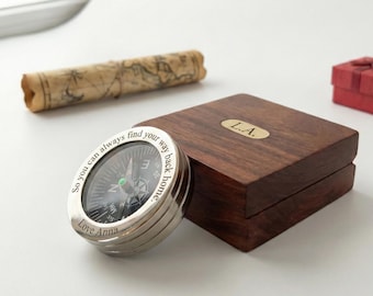 Brújula de latón personalizada plateada con caja de madera grabada, brújula con mensaje personalizado, regalo náutico para él, regalo de aniversario, graduación