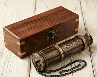 Telescopio de latón personalizado de 16 pulgadas, catalejo funcional, acabado retro negro, regalo de Navidad, caja de madera grabada, estuche de cuero.