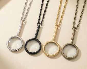 Collar con lupa y bolsa de cuero, colgante de latón con lupa 2x, collar o llavero de regalo de San Valentín, cadena de 28-32 cm.