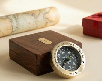 Brújula de latón grabada personalizada, regalo personalizado, brújula dorada, regalo de aniversario personalizado con caja de madera para su padre o esposa.