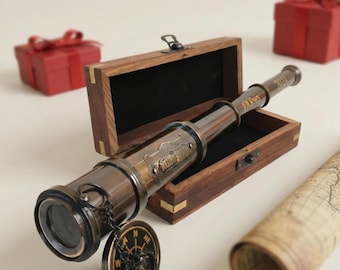 Telescopio de latón personalizado: catalejo grabado con caja de madera, regalo de Navidad