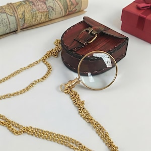 Halskette mit Lupenanhänger aus Messing, 2-fache Vergrößerung, mit 76 cm langer Kette, goldfarben