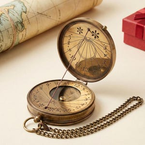 Puede incluir: Una brújula de reloj de sol de latón antiguo con tapa abatible, con números romanos grabados y una cadena. La brújula está abierta, mostrando el mecanismo interno y una cuerda. Un mapa enrollado y una caja de regalo roja están en el fondo.