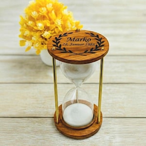 Personalised Engraved Wooden Hourglass, Antique Brass Sand Timer – Gold Pillars, Vintage Sand Clock for Desk & Office Decor,