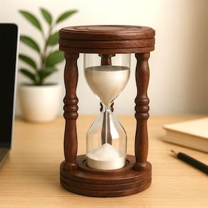 Wooden Hourglass Sand Timer | Handmade Vintage Desk Decor, Antique Wooden Hourglass with Tri-Pillar Frame Perfect for Home or Office Gift