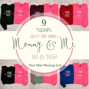 May include: A mockup image featuring nine long-sleeved sweatshirts in various colors, including black, pink, red, and blue. Each sweatshirt displays the text "YOUR design HERE." The image also includes text that reads "Mommy & Me" and "That Mini Mockup Girl."