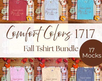 May include: A collection of Comfort Colors t-shirts in various colors, including red, blue, pink, and yellow, arranged on a wooden surface with fall-themed decorations. Each shirt features the text "THAT MINI Mockup GIRL". The image is labeled "Fall Tshirt Bundle" with "17 Mocks".