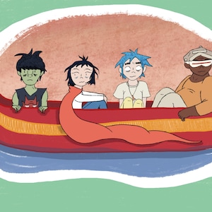 May include: Illustration of four cartoon characters in a red boat with yellow and orange stripes. The characters have different skin tones and hair colors. The boat is on a blue surface, and the background is light green.
