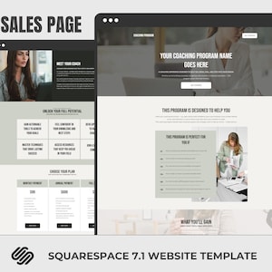 May include: A website template design for a sales page, displayed on a tablet and a phone. The design features sections for a coaching program, including a "Meet Your Coach" section, program details, and pricing plans. The Squarespace 7.1 template is shown.
