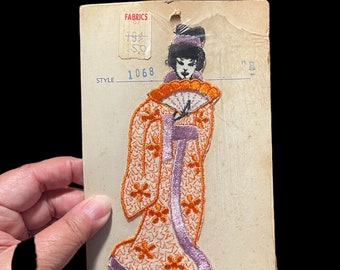 Vintage 1960s Japanese Chinese Oriental Kimono Geisha Applique Orange and Purple