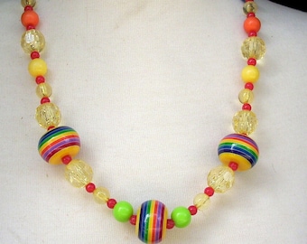 Vintage Retro Rainbow Beaded Necklace Lucite Fun Approx 25 inches long