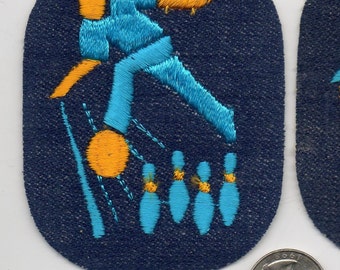 Vintage BOWLER - Embroidered Patch APPLIQUE - - 3 3/4" tall - denim gold turquoise