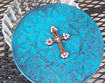 Upcycled Vintage Vanity Trinket  Box Dish Turquoise Shabby Cowboy Rustic Cowgirl Cross