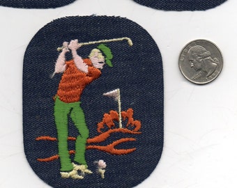 Vtg Golfer - Embroidered Patches APPLIQUES -  3 3/4" tall - denim rust green