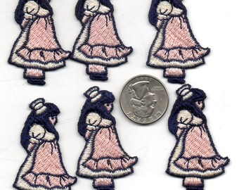 Vintage Lot of 6 - LITTLE GIRL in Pink Dress - Embroidered Patches APPLIQUES - White Pink Black
