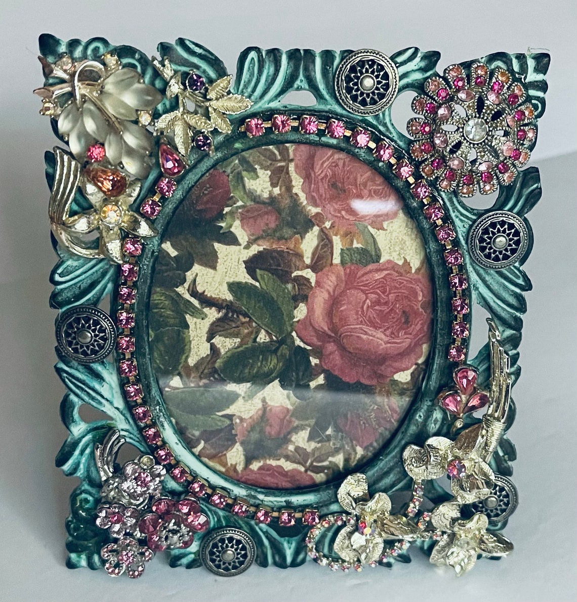 Fabulous Small Vintage Jeweled Picture Frame OOAK Embellished Green ...