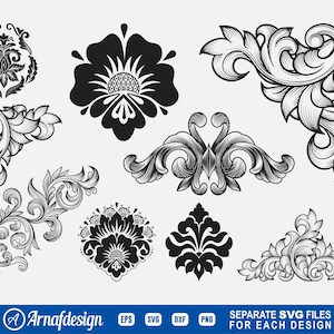 May include: A set of ten black and white intricate floral and scroll designs. The designs are perfect for creating decorative elements for invitations, cards, and other crafts.