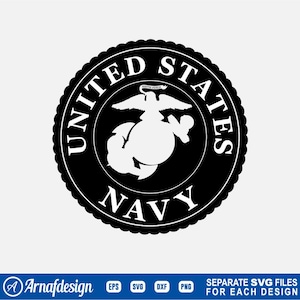 May include: A black and white United States Navy emblem featuring an eagle, globe, and anchor. The words "United States Navy" are arranged in a circle around the central design. Suitable for various applications.