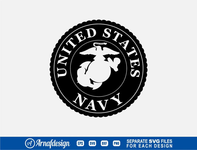 May include: A black and white United States Navy emblem featuring an eagle, globe, and anchor. The words "United States Navy" are arranged in a circle around the central design. Suitable for various applications.
