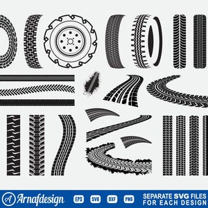 May include: A set of black and white tire tread designs. The designs include a full tire, a tire tread pattern, and a tire tread pattern in a curved shape. The designs are perfect for creating custom projects, such as t-shirts, mugs, and stickers.