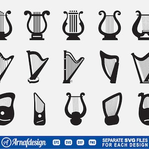 Könnte beinhalten: Eine Sammlung schwarzer Harfendesigns in verschiedenen Stilen. Das Bild zeigt eine Vielzahl von Harfensilhouetten, darunter klassische und stilisierte Versionen. Die Designs werden auf einem hellgrauen Hintergrund mit einem blauen Banner unten präsentiert.