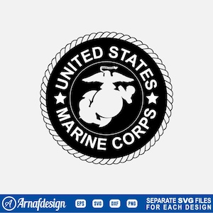 May include: A black and white United States Marine Corps emblem. The circular design features the words "United States Marine Corps" around a central emblem of an eagle, globe, and anchor. Two stars flank the emblem. The design is bordered by a rope-like pattern.