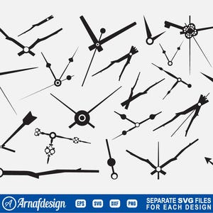May include: A set of 20 black clock hand SVG files. The hands are in various styles and sizes, perfect for crafting and design projects.