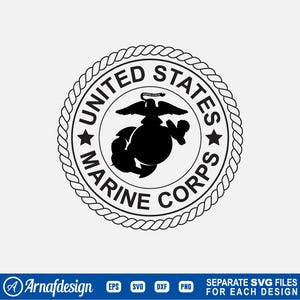 May include: A black and white United States Marine Corps emblem. The circular design features the words "United States Marine Corps" around the edge, surrounding an eagle, globe, and anchor symbol. The design is framed by a rope-like border. The bottom of the image includes the text "Arnafdesign" and file type icons.