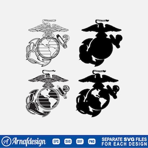 May include: Four black and white designs of the United States Marine Corps emblem. Each design features an eagle atop a globe, with an anchor and the text "Semper Fidelis". The designs are in both outline and solid black.